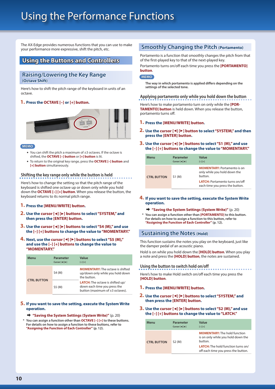 Using the performance functions, Using the buttons and controllers, Raising/lowering the key range (octave shift) | Smoothly changing the pitch (portamento), Sustaining the notes (hold), Raising/lowering the key range, Octave shift), Smoothly changing the pitch, Portamento), Sustaining the notes | Roland AX-Edge 49-Key Keytar Synthesizer (White) User Manual | Page 10 / 22