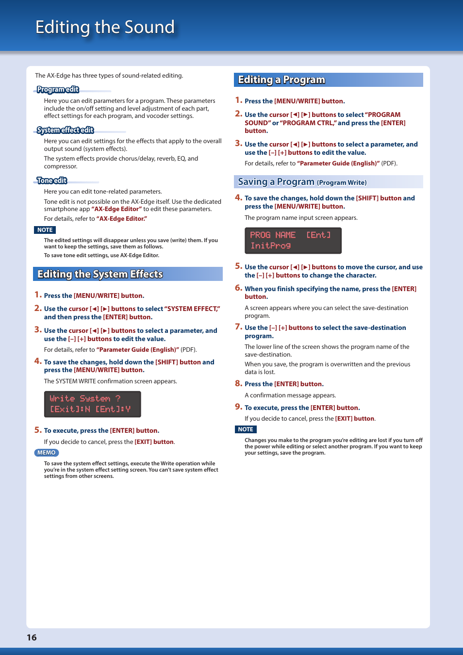 Editing the sound, Editing the system effects, Editing a program | Saving a program (program write), Saving a program, Program write), P. 16) | Roland AX-Edge 49-Key Keytar Synthesizer (White) User Manual | Page 16 / 22