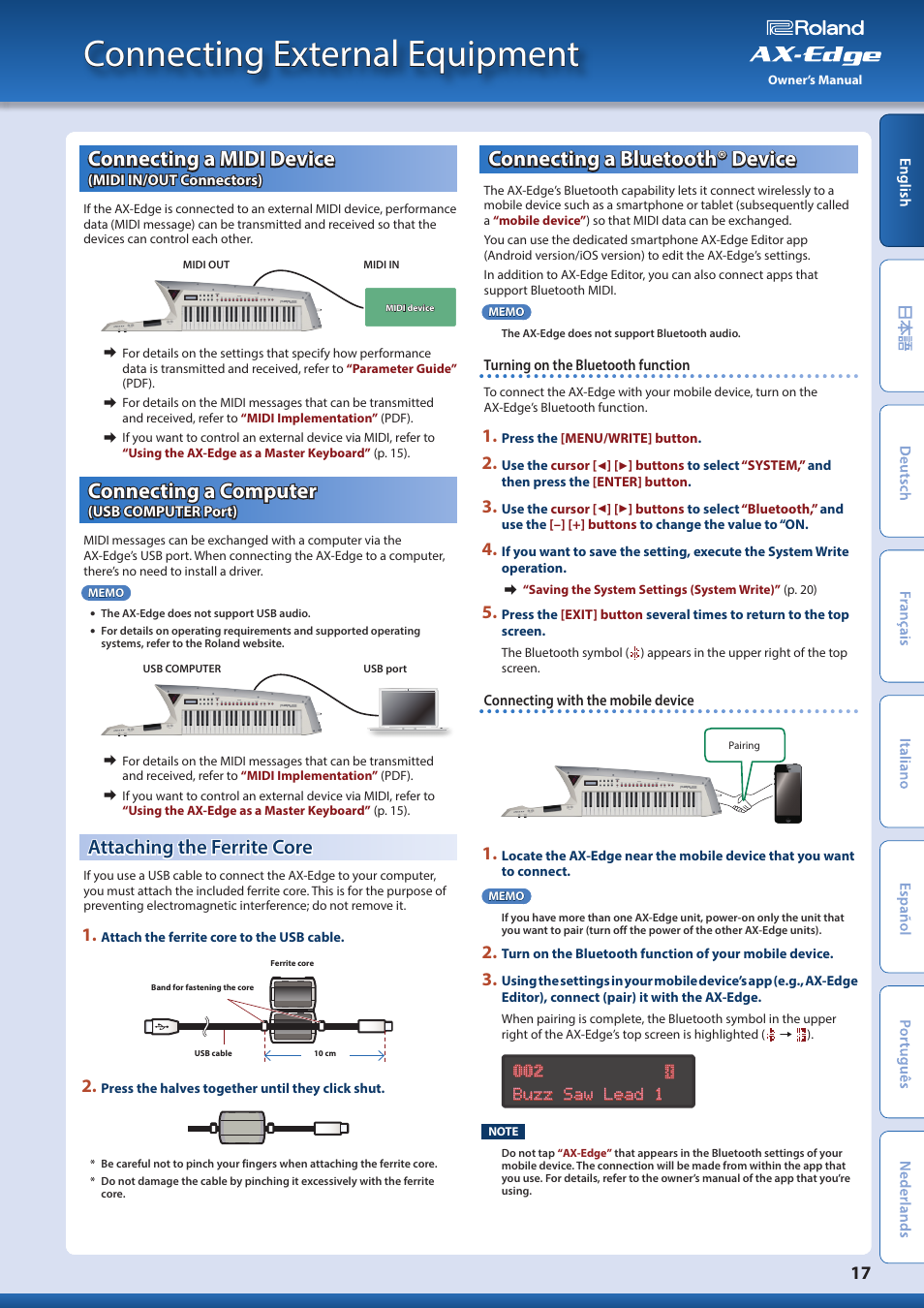 Connecting external equipment, Connecting a midi device (midi in/out connectors), Connecting a computer (usb computer port) | Attaching the ferrite core, Connecting a bluetooth® device, Connecting a midi device, Midi in/out connectors), Connecting a computer, Usb computer port) | Roland AX-Edge 49-Key Keytar Synthesizer (White) User Manual | Page 17 / 22