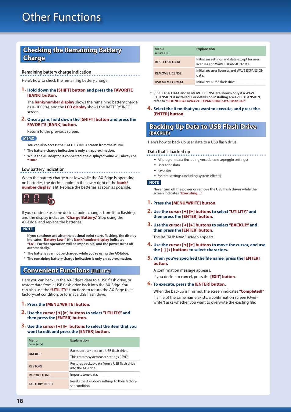 Other functions, Checking the remaining battery charge, Convenient functions (utility) | Backing up data to usb flash drive (backup), Convenient functions, Utility), Backing up data to usb flash drive, Backup) | Roland AX-Edge 49-Key Keytar Synthesizer (White) User Manual | Page 18 / 22