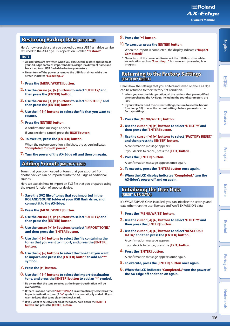 Restoring backup data (restore), Adding sounds (import tone), Returning to the factory settings (factory reset) | Initializing the user data (reset usr data), Restoring backup data, Restore), Adding sounds, Import tone), Returning to the factory settings, Factory reset) | Roland AX-Edge 49-Key Keytar Synthesizer (White) User Manual | Page 19 / 22