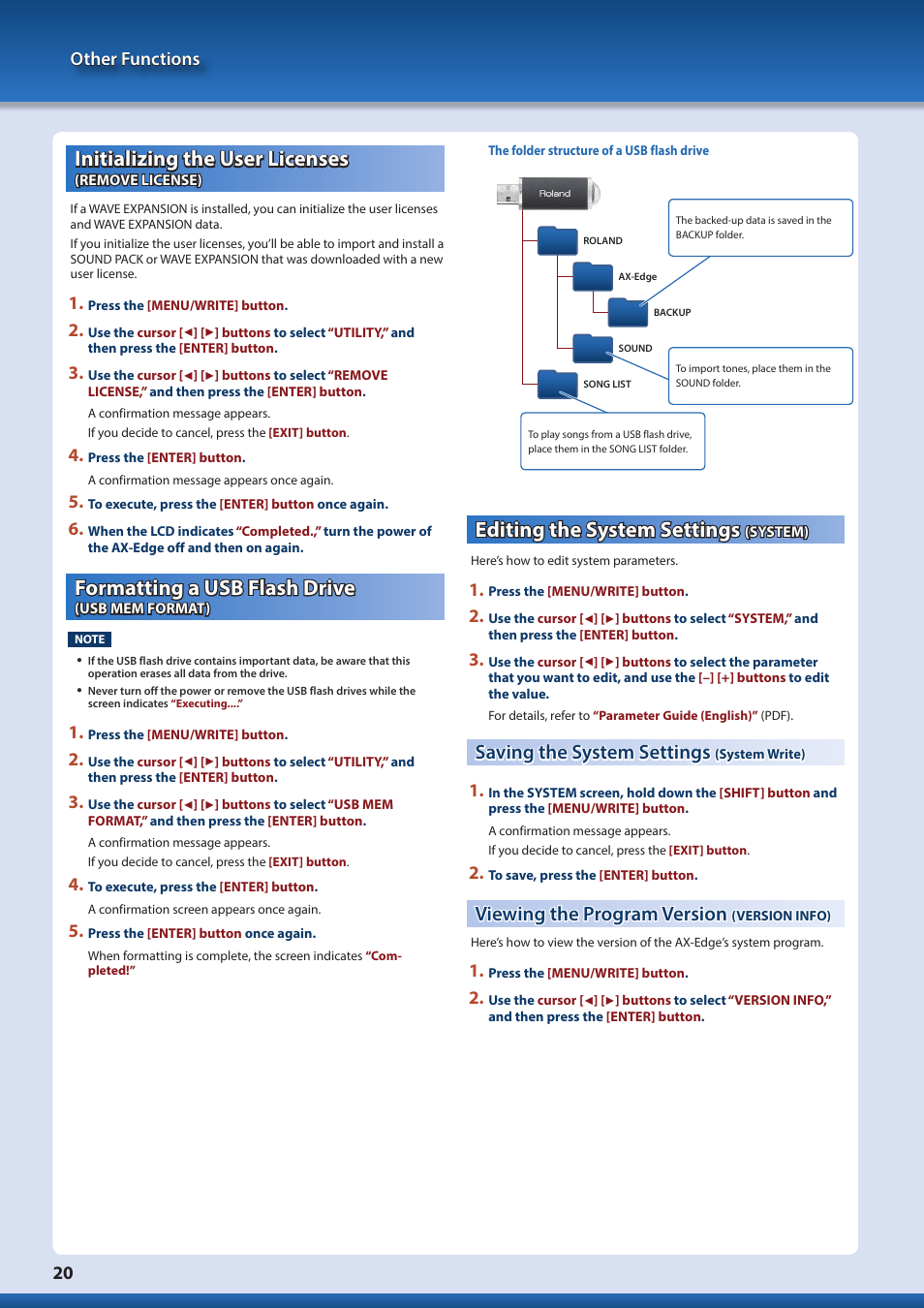 Initializing the user licenses (remove license), Formatting a usb flash drive (usb mem format), Editing the system settings (system) | Saving the system settings (system write), Viewing the program version (version info), Initializing the user licenses, Remove license), Formatting a usb flash drive, Usb mem format), Editing the system settings | Roland AX-Edge 49-Key Keytar Synthesizer (White) User Manual | Page 20 / 22