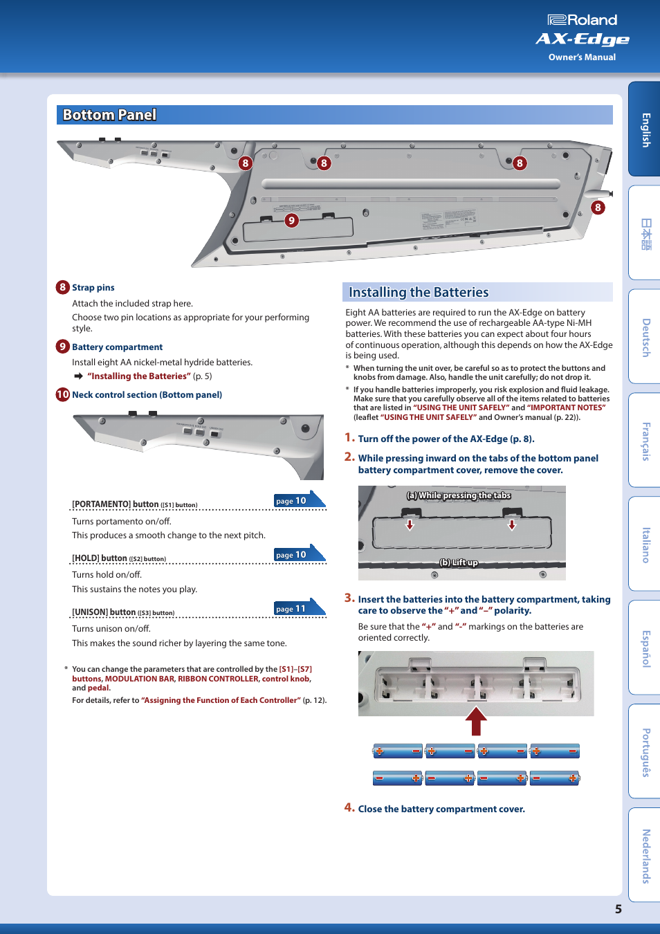 Bottom panel, Installing the batteries | Roland AX-Edge 49-Key Keytar Synthesizer (White) User Manual | Page 5 / 22