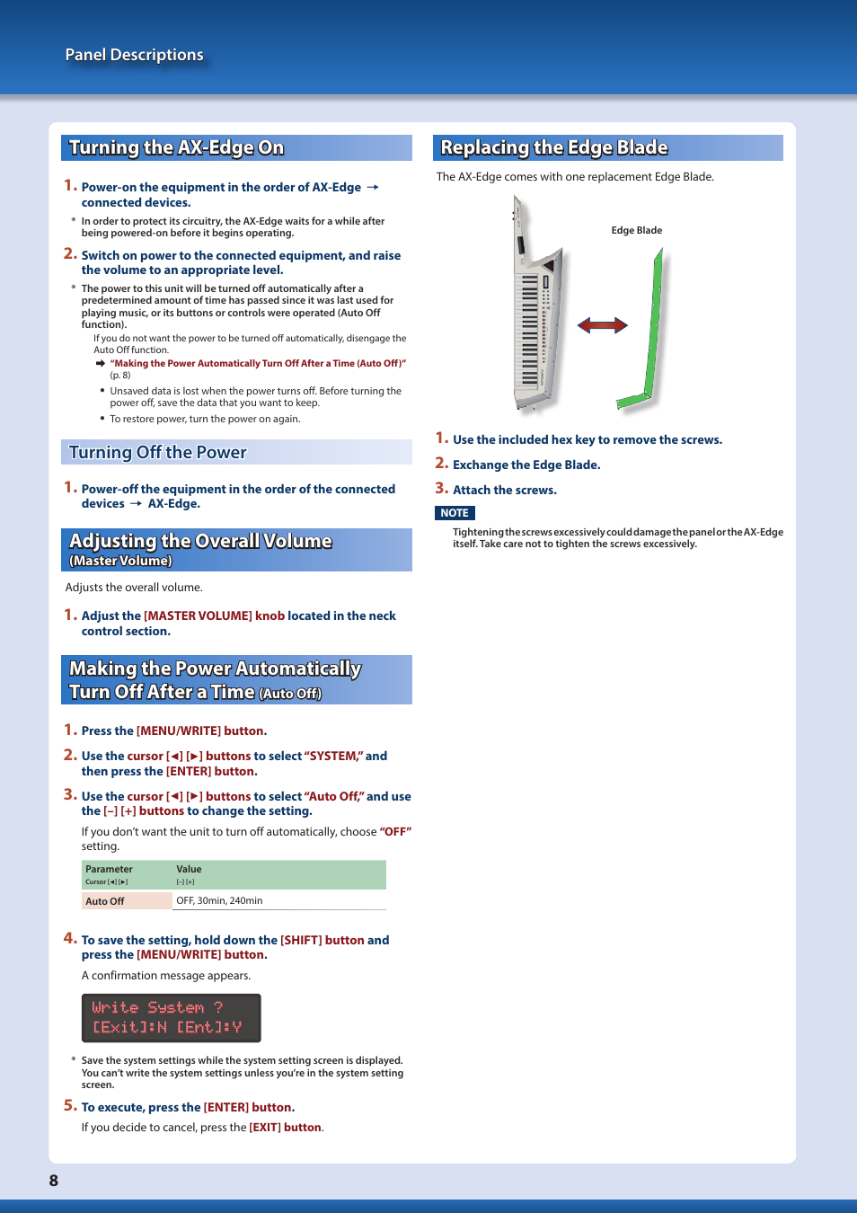 Turning the ax-edge on, Turning off the power, Adjusting the overall volume (master volume) | Replacing the edge blade, Adjusting the overall volume, Master volume), Auto off), P. 8), Panel descriptions 8 | Roland AX-Edge 49-Key Keytar Synthesizer (White) User Manual | Page 8 / 22