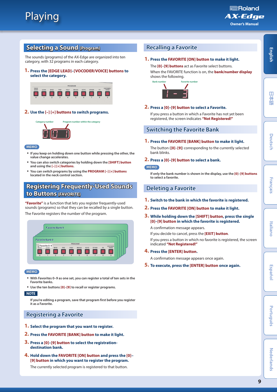 Playing, Selecting a sound (program), Registering a favorite | Recalling a favorite, Switching the favorite bank, Deleting a favorite, Selecting a sound, Program), Registering frequently-used sounds to buttons, Favorite) | Roland AX-Edge 49-Key Keytar Synthesizer (White) User Manual | Page 9 / 22