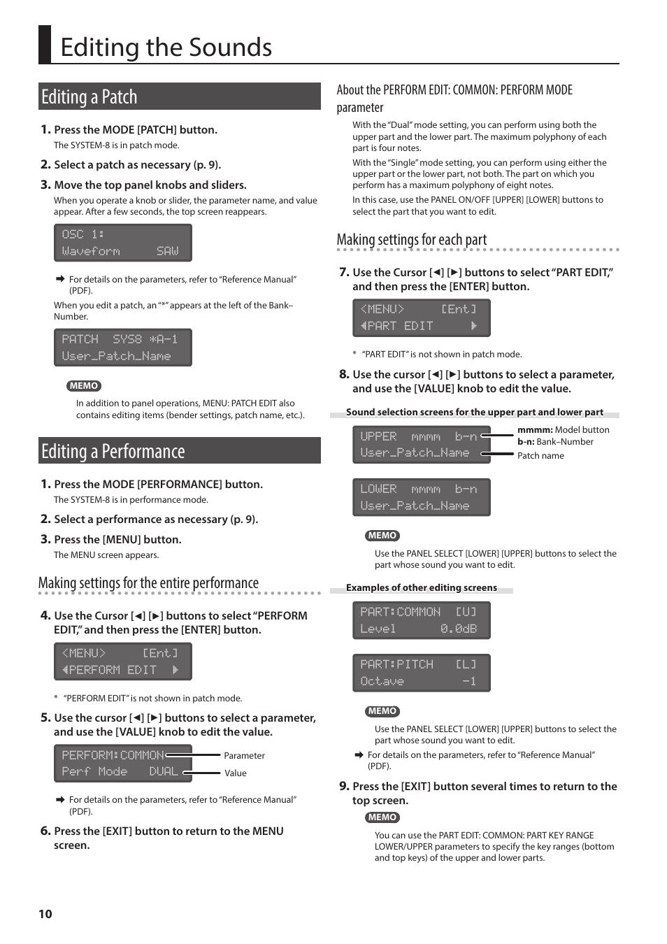 Editing the sounds, Editing a patch, Editing a performance | P. 10, Making settings for the entire performance, Making settings for each part | Roland AIRA SYSTEM-8 PLUG-OUT Synthesizer User Manual | Page 10 / 30