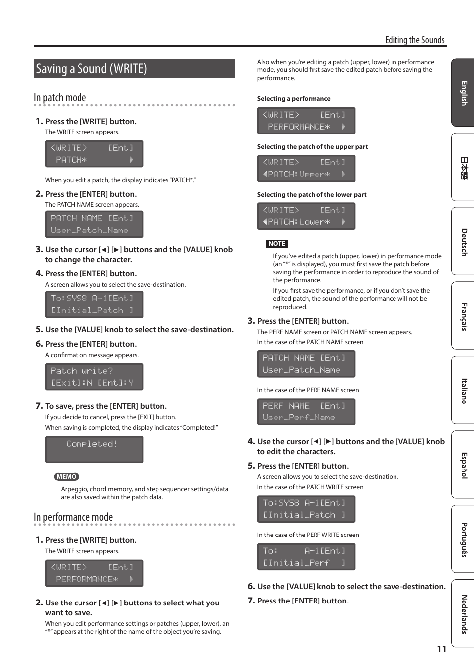 Saving a sound (write), P. 11, p, Editing the sounds | Roland AIRA SYSTEM-8 PLUG-OUT Synthesizer User Manual | Page 11 / 30