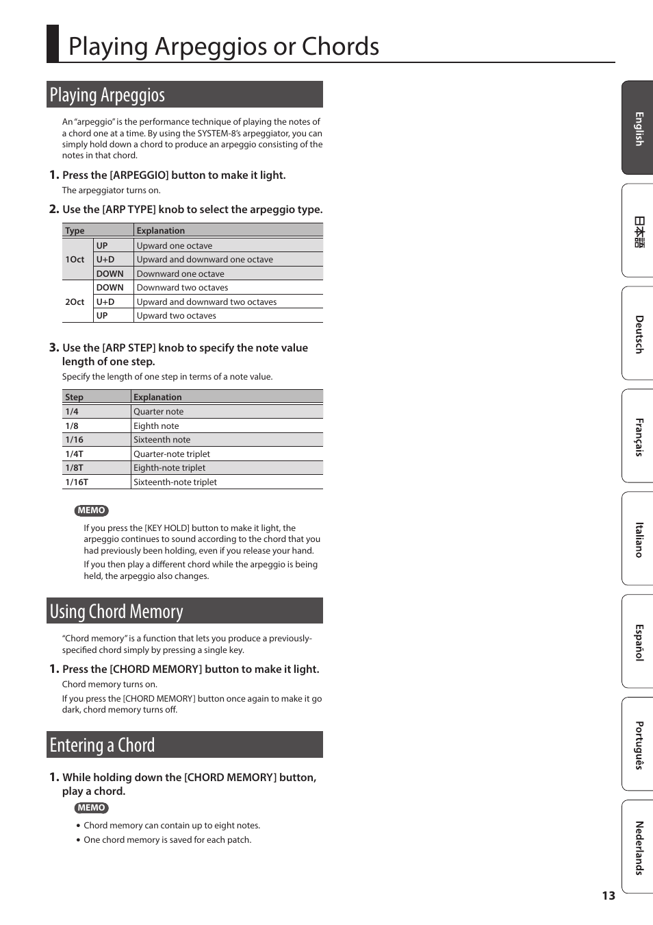 Playing arpeggios or chords, Playing arpeggios, Using chord memory | Entering a chord, Or on/off (p. 13), P. 13) | Roland AIRA SYSTEM-8 PLUG-OUT Synthesizer User Manual | Page 13 / 30