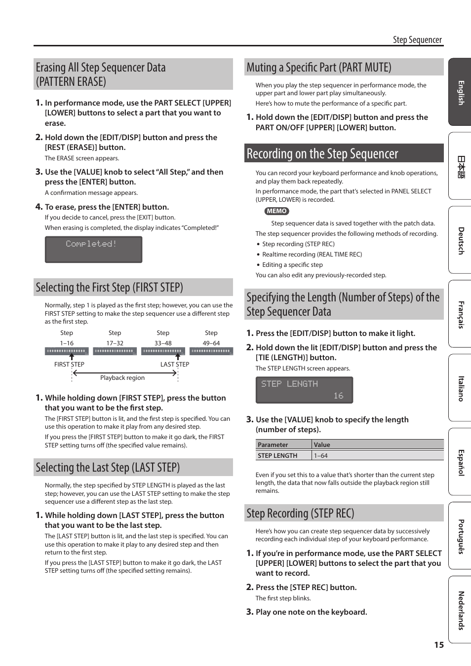 Recording on the step sequencer, Erasing all step sequencer data (pattern erase), Selecting the first step (first step) | Selecting the last step (last step), Muting a specific part (part mute), Step recording (step rec), Step sequencer | Roland AIRA SYSTEM-8 PLUG-OUT Synthesizer User Manual | Page 15 / 30
