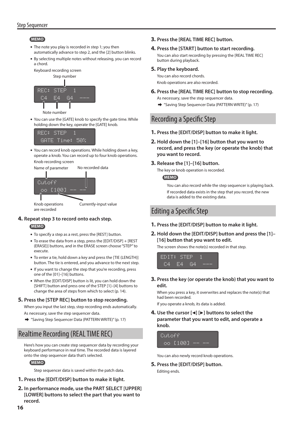 Realtime recording (real time rec), Recording a specific step, Editing a specific step | Step sequencer | Roland AIRA SYSTEM-8 PLUG-OUT Synthesizer User Manual | Page 16 / 30