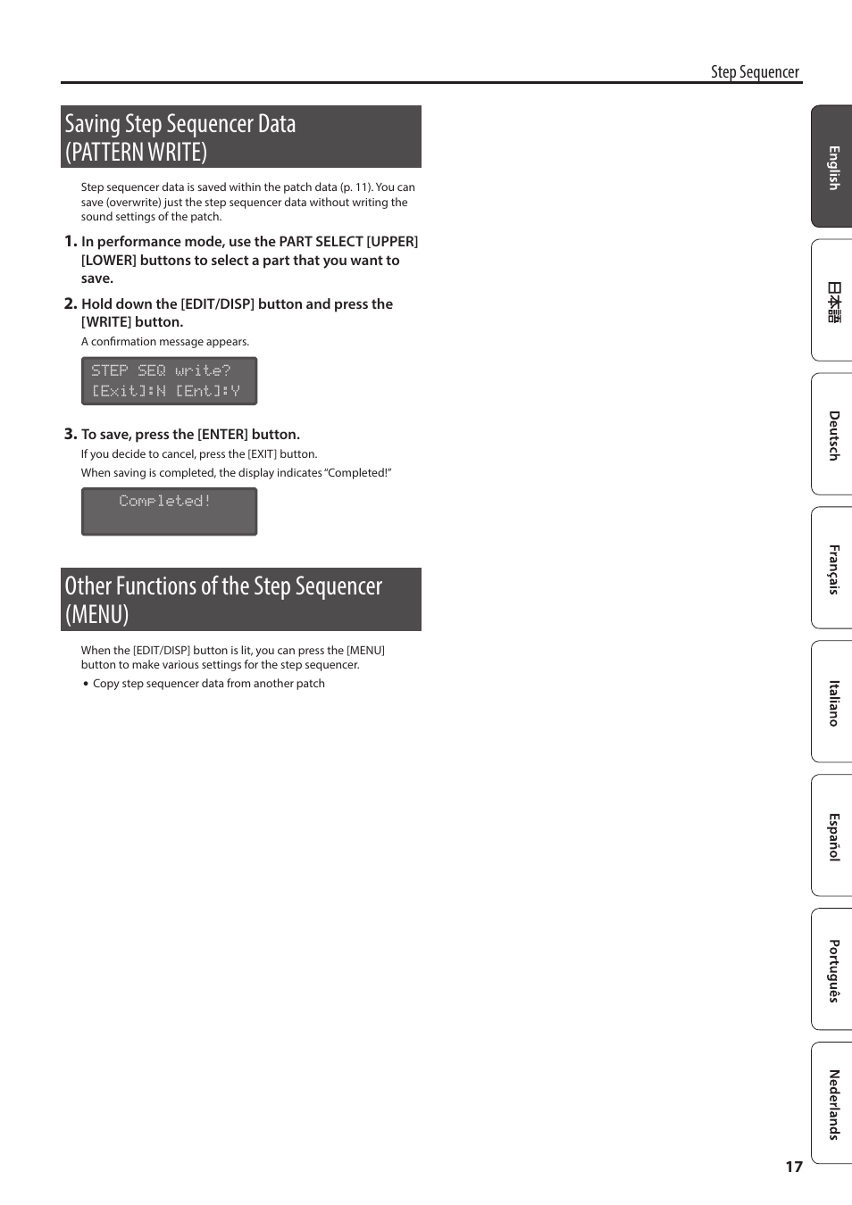 Saving step sequencer data (pattern write), Other functions of the step sequencer (menu), 17, p | Roland AIRA SYSTEM-8 PLUG-OUT Synthesizer User Manual | Page 17 / 30