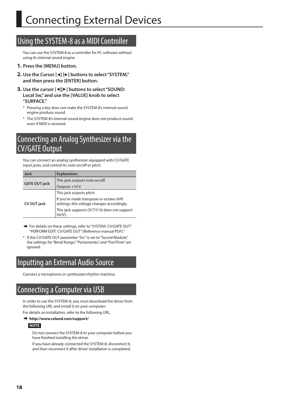 Connecting external devices, Using the system-8 as a midi controller, Inputting an external audio source | Connecting a computer via usb, Connecting an analog synthesizer via the cv/gate, Output | Roland AIRA SYSTEM-8 PLUG-OUT Synthesizer User Manual | Page 18 / 30