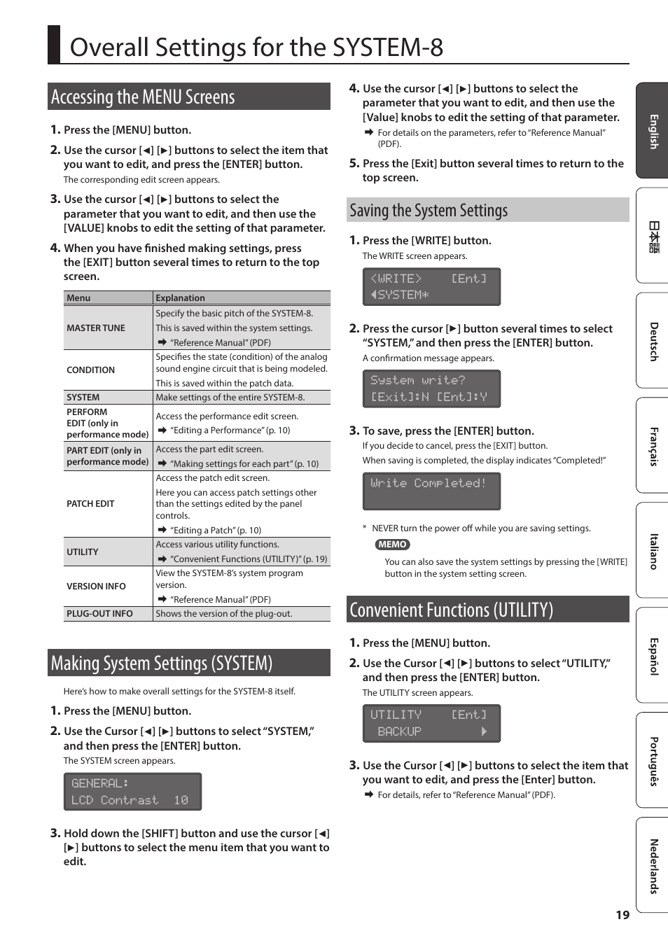 Overall settings for the system-8, Accessing the menu screens, Making system settings (system) | Convenient functions (utility), Saving the system settings | Roland AIRA SYSTEM-8 PLUG-OUT Synthesizer User Manual | Page 19 / 30