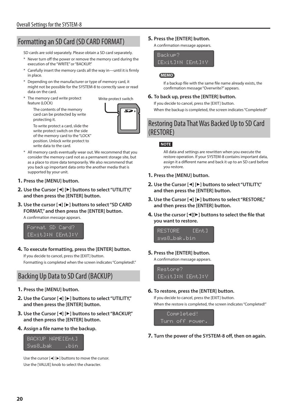 Formatting an sd card (sd card format), Backing up data to sd card (backup), Overall settings for the system-8 | Roland AIRA SYSTEM-8 PLUG-OUT Synthesizer User Manual | Page 20 / 30