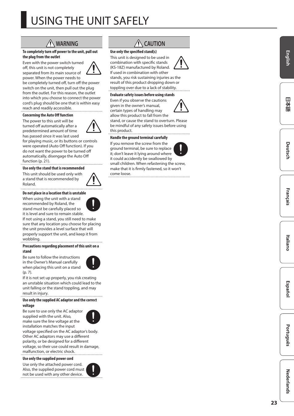 Using the unit safely, Anual p. 23–p, Warning | Caution | Roland AIRA SYSTEM-8 PLUG-OUT Synthesizer User Manual | Page 23 / 30
