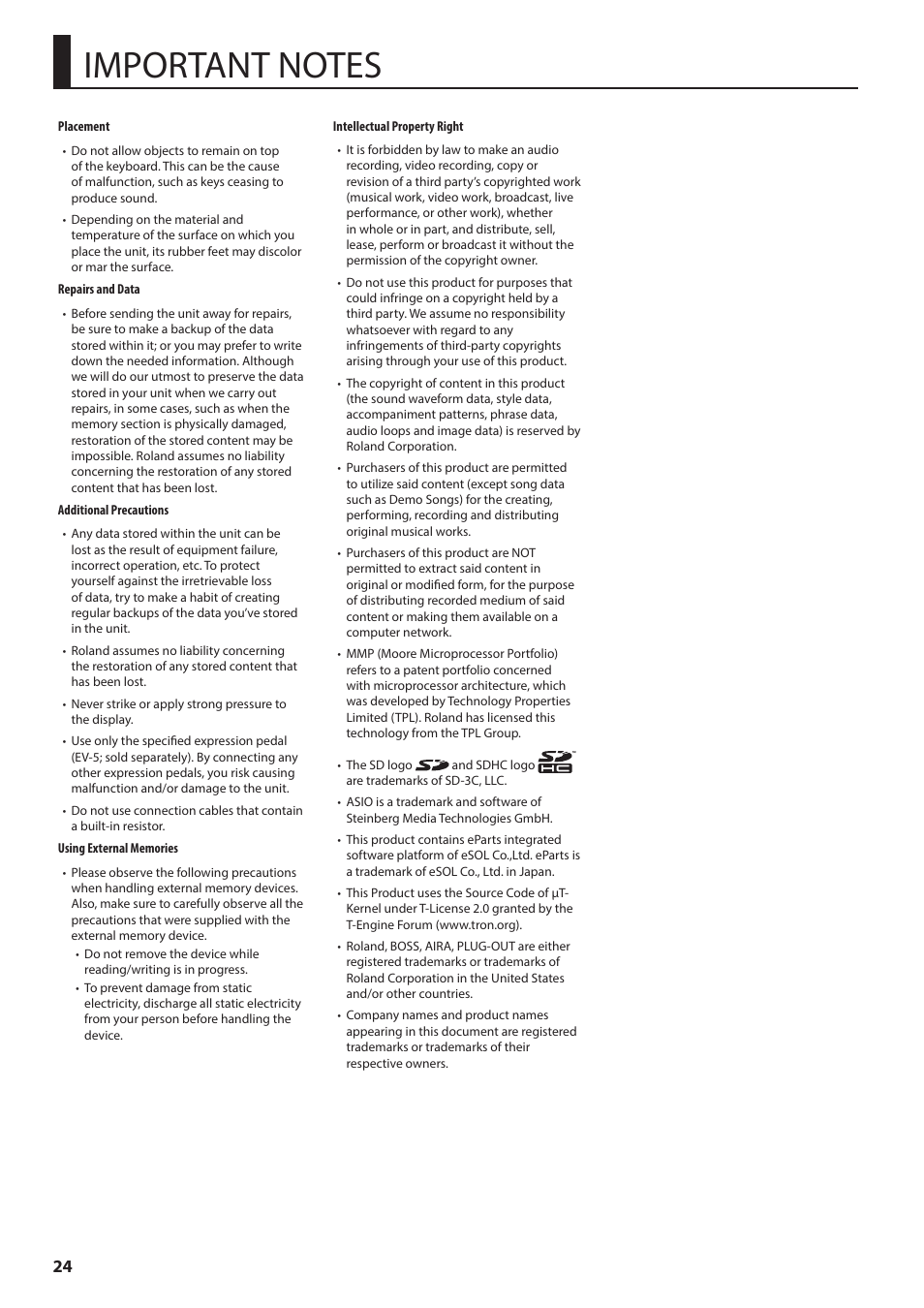 Important notes, 24). a | Roland AIRA SYSTEM-8 PLUG-OUT Synthesizer User Manual | Page 24 / 30