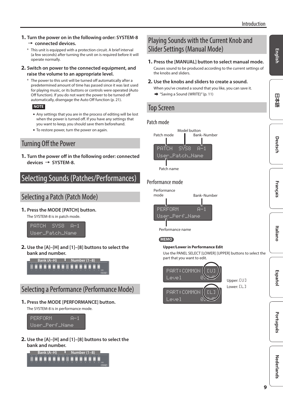 Selecting sounds (patches/performances), Ch mode (p. 9, E mode (p. 9, p | Turning off the power, Selecting a patch (patch mode), Selecting a performance (performance mode), Top screen, Introduction, Patch mode, Performance mode | Roland AIRA SYSTEM-8 PLUG-OUT Synthesizer User Manual | Page 9 / 30