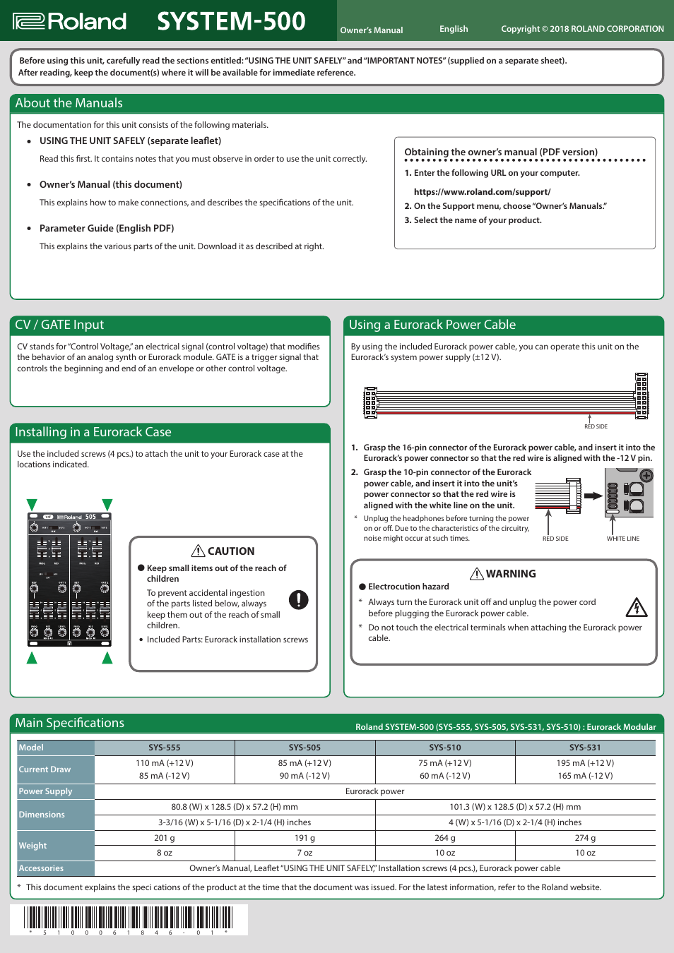 Roland System-500 Series - 531 Mix 6-Channel Mixer - Eurorack Module User Manual | 1 page