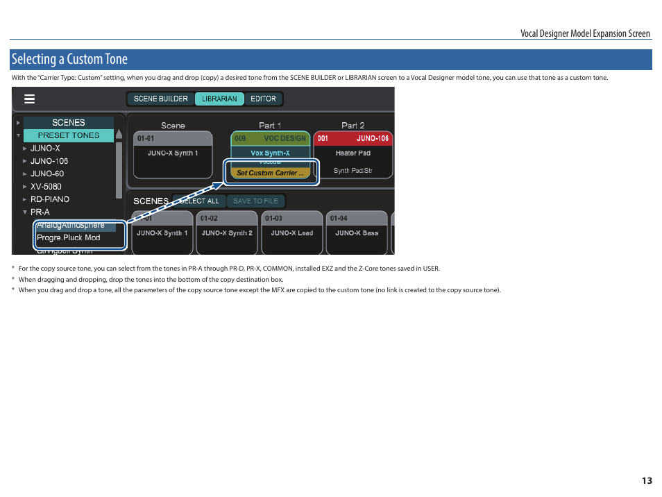 Selecting a custom tone | Roland JUNO-X Programmable Polyphonic Synthesizer User Manual | Page 13 / 14