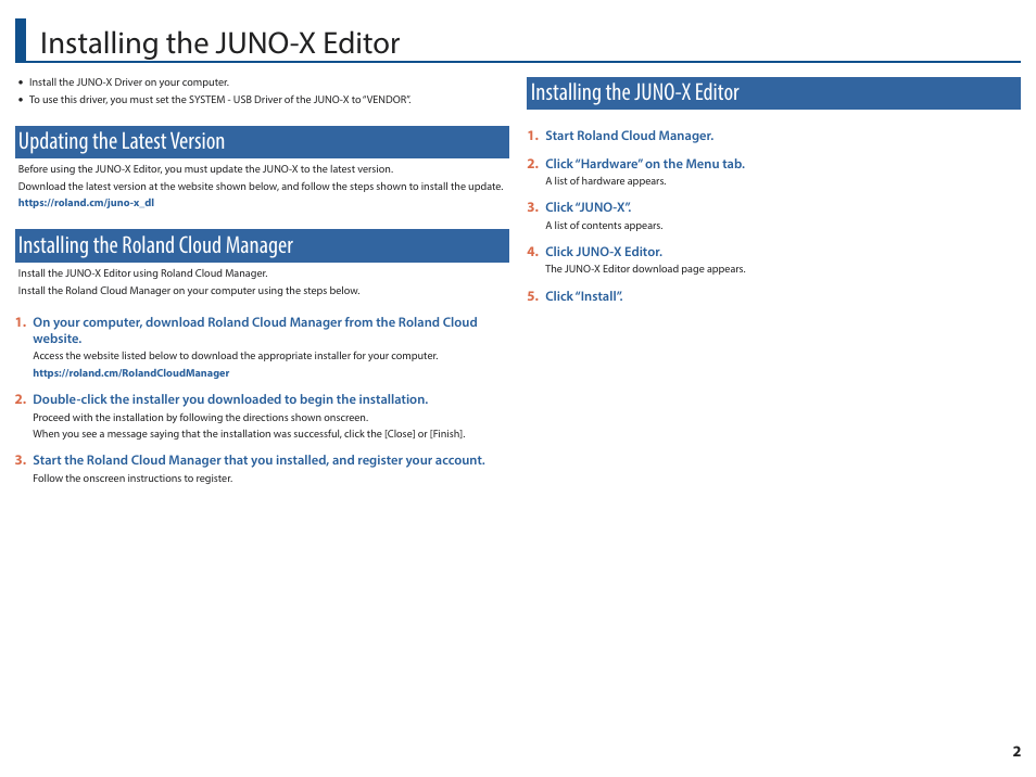 Installing the juno-x editor, Updating the latest version, Installing the roland cloud manager | Roland JUNO-X Programmable Polyphonic Synthesizer User Manual | Page 2 / 14