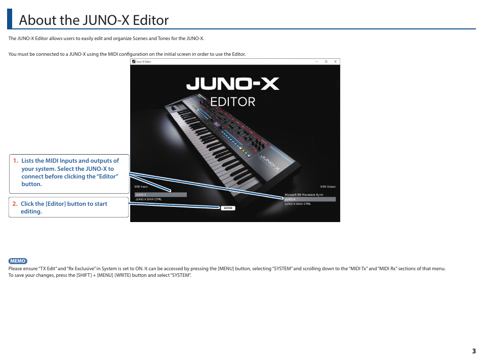 About the juno-x editor | Roland JUNO-X Programmable Polyphonic Synthesizer User Manual | Page 3 / 14