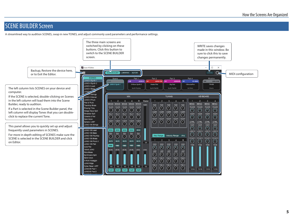 Scene builder screen, P. 5, How the screens are organized | Roland JUNO-X Programmable Polyphonic Synthesizer User Manual | Page 5 / 14