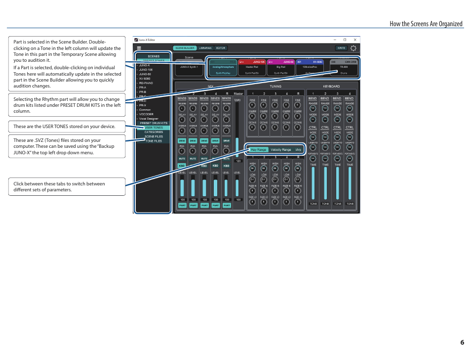 How the screens are organized | Roland JUNO-X Programmable Polyphonic Synthesizer User Manual | Page 6 / 14