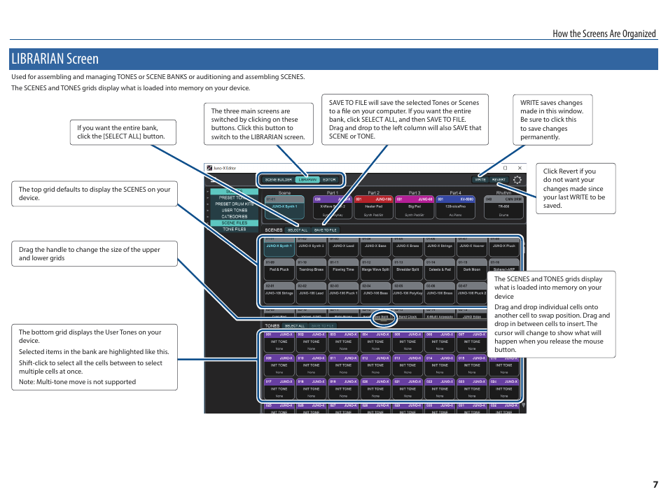 Librarian screen, P. 7, How the screens are organized | Roland JUNO-X Programmable Polyphonic Synthesizer User Manual | Page 7 / 14