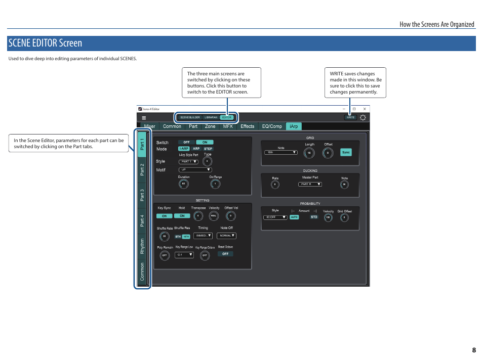 Scene editor screen, P. 8, p, How the screens are organized | Roland JUNO-X Programmable Polyphonic Synthesizer User Manual | Page 8 / 14