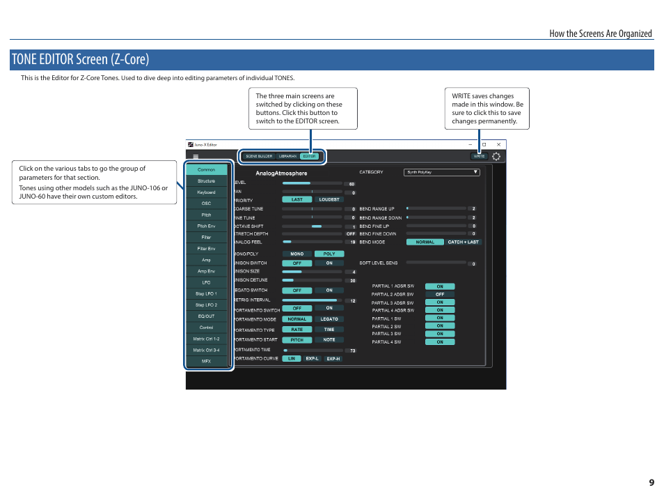 Tone editor screen (zen-core), Tone editor screen (z-core), How the screens are organized | Roland JUNO-X Programmable Polyphonic Synthesizer User Manual | Page 9 / 14