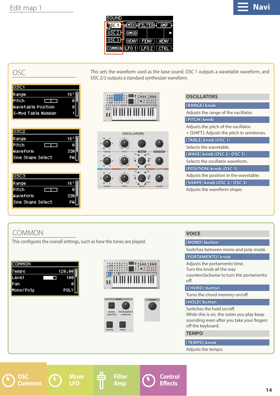 Common, Edit map, Navi | Osc common edit map 1, Lfo mixer effects control amp filter common osc | Roland GAIA 2 37-Key Virtual Analog + Wavetable Synthesizer User Manual | Page 14 / 116
