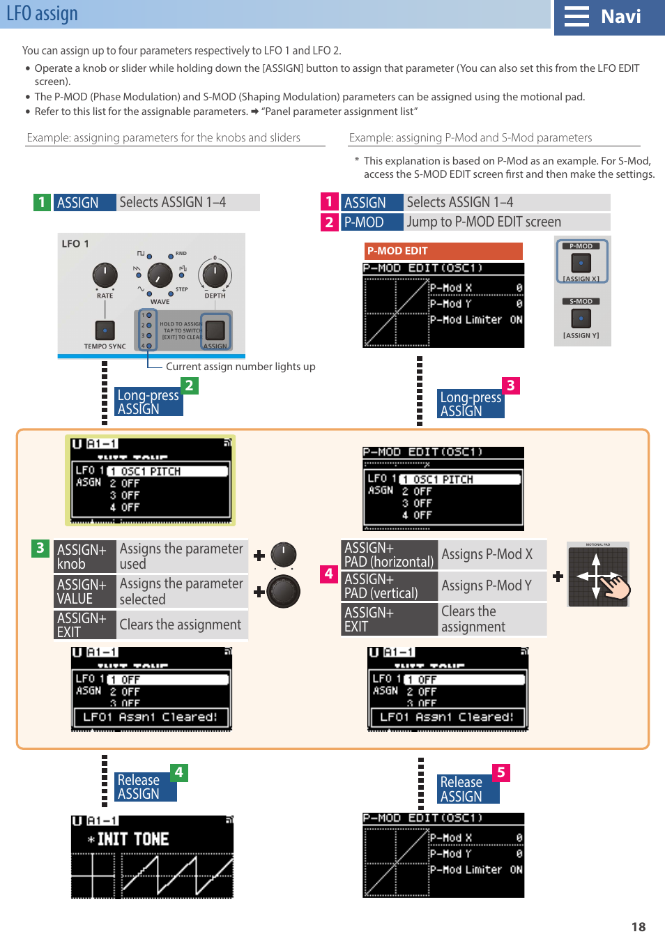 Lfo assign, Navi | Roland GAIA 2 37-Key Virtual Analog + Wavetable Synthesizer User Manual | Page 18 / 116