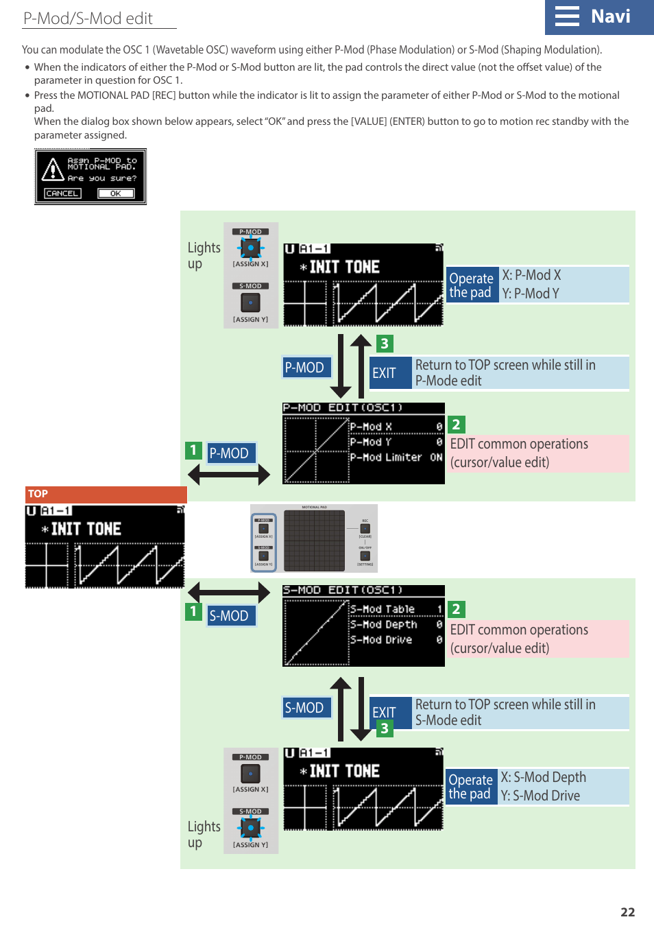Navi, P-mod/s-mod edit | Roland GAIA 2 37-Key Virtual Analog + Wavetable Synthesizer User Manual | Page 22 / 116