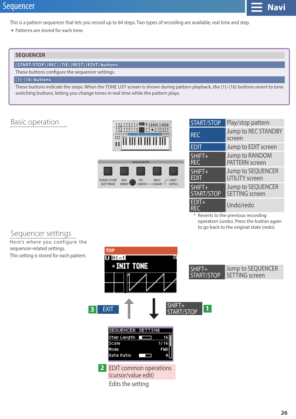 Sequencer, Shift, Seq mode) | Navi, Basic operation sequencer settings | Roland GAIA 2 37-Key Virtual Analog + Wavetable Synthesizer User Manual | Page 26 / 116