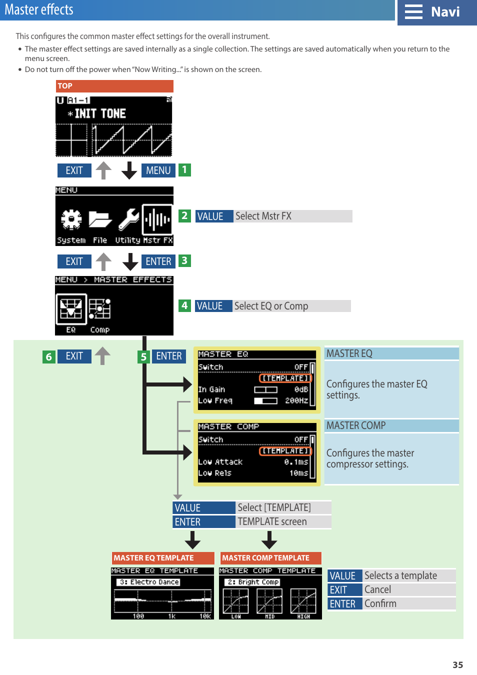 Master effects, Master, Effects | Navi | Roland GAIA 2 37-Key Virtual Analog + Wavetable Synthesizer User Manual | Page 35 / 116