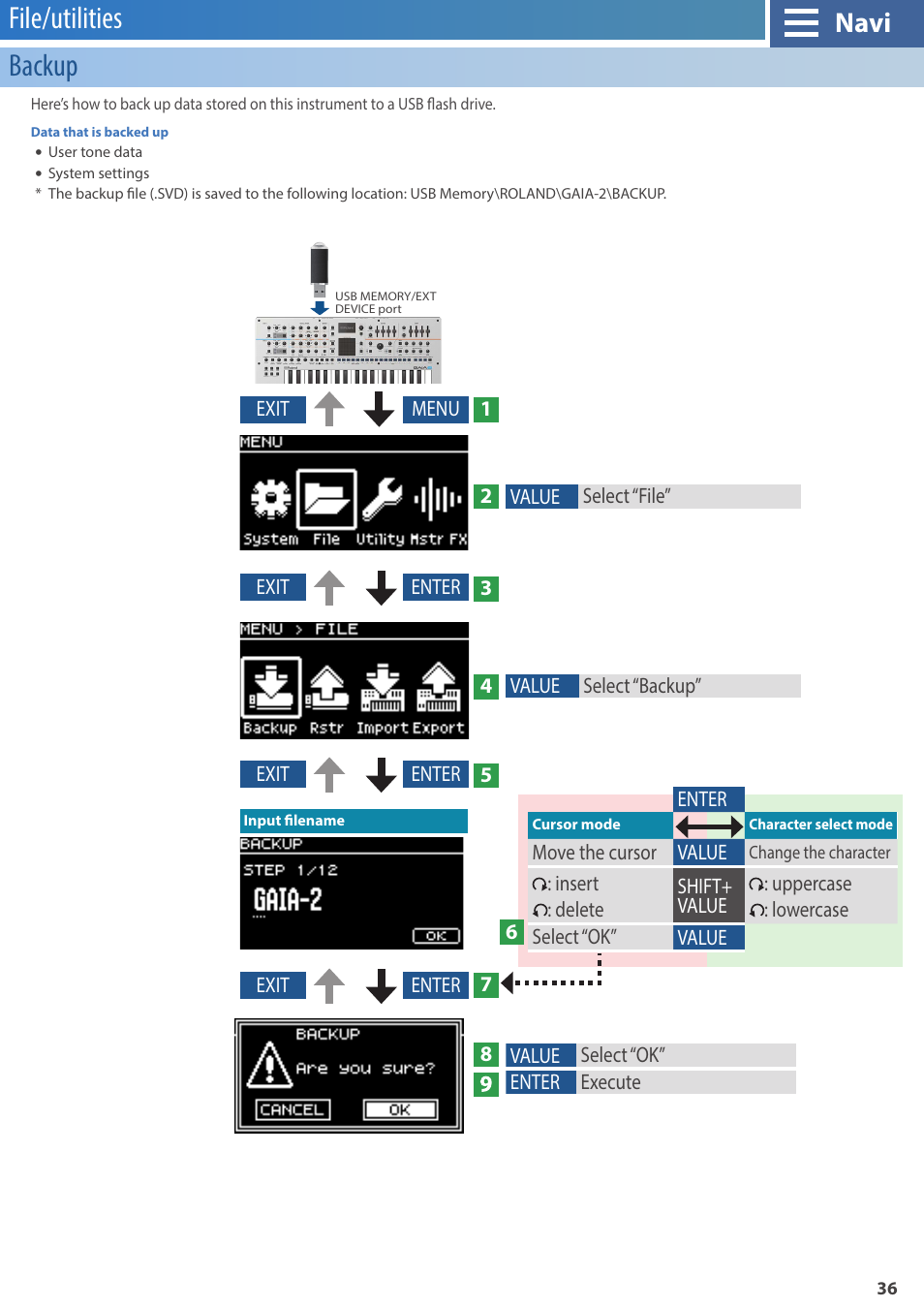 File/utilities, Backup, Restore | File, File/utilities backup, Navi | Roland GAIA 2 37-Key Virtual Analog + Wavetable Synthesizer User Manual | Page 36 / 116