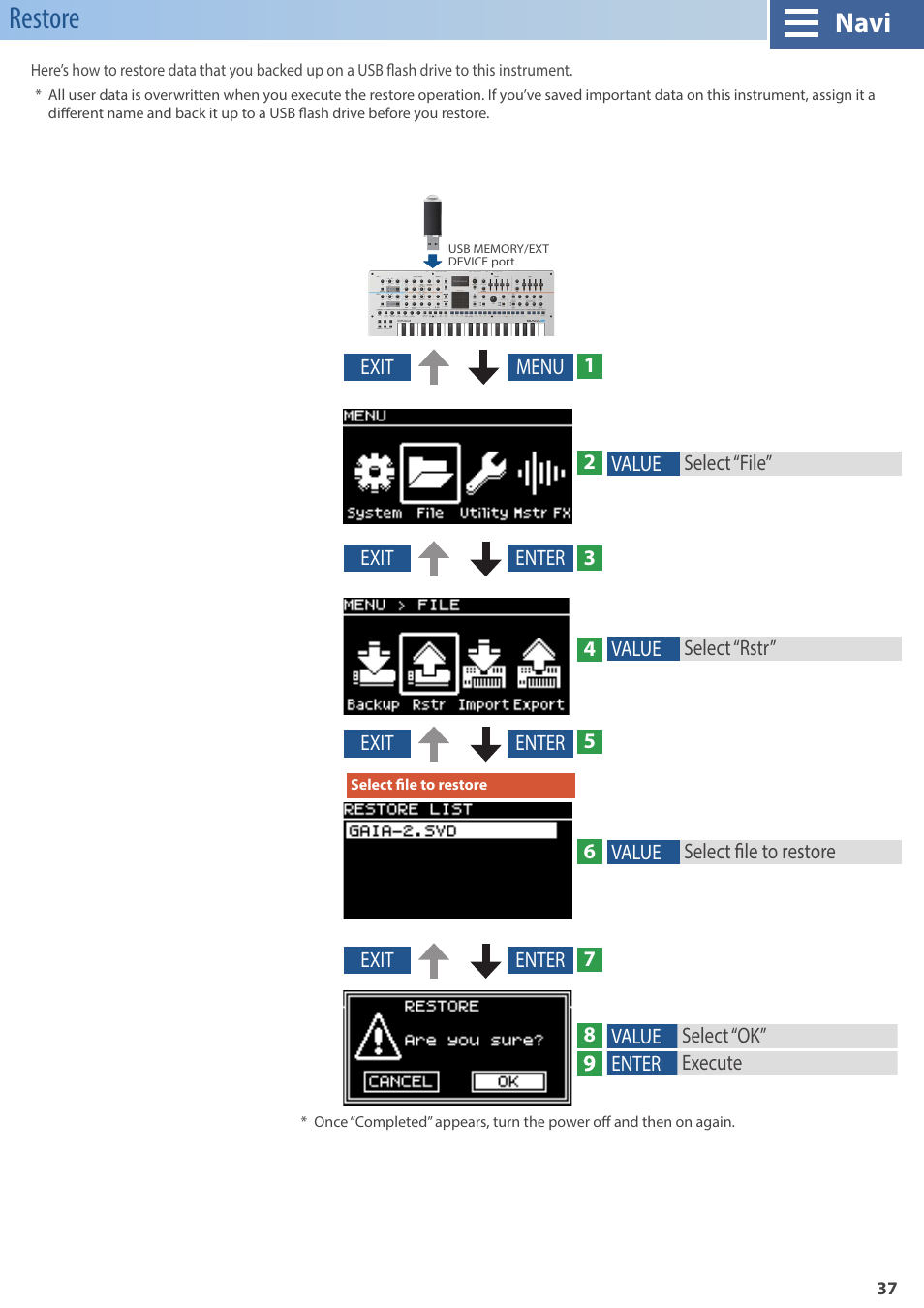 Restore, Navi | Roland GAIA 2 37-Key Virtual Analog + Wavetable Synthesizer User Manual | Page 37 / 116