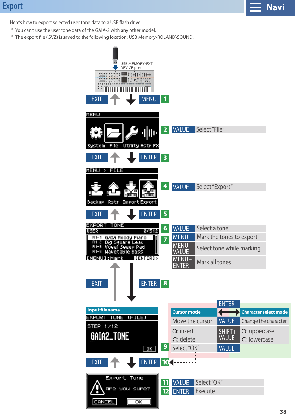 Export, Import, Navi | Roland GAIA 2 37-Key Virtual Analog + Wavetable Synthesizer User Manual | Page 38 / 116