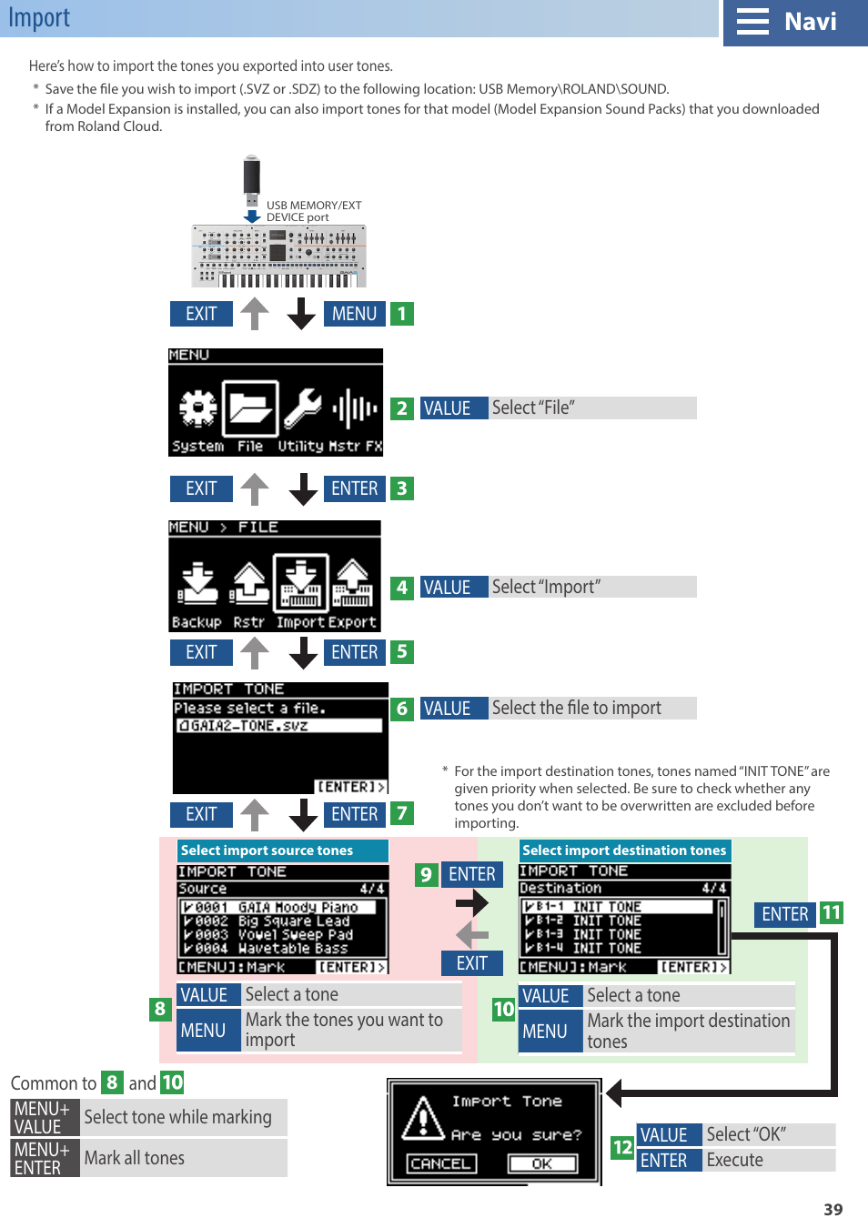 Import, Navi | Roland GAIA 2 37-Key Virtual Analog + Wavetable Synthesizer User Manual | Page 39 / 116