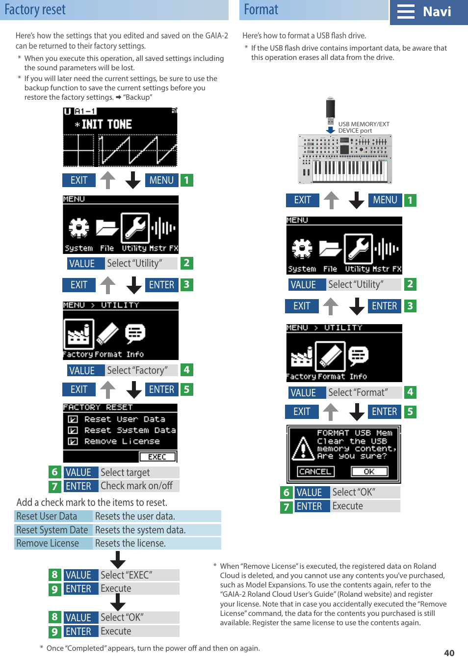 Factory reset, Format, Utility | Factory, Reset, Navi | Roland GAIA 2 37-Key Virtual Analog + Wavetable Synthesizer User Manual | Page 40 / 116
