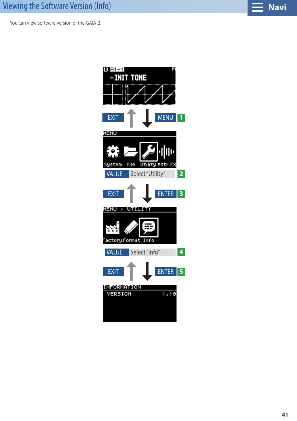 Viewing the software version (info), Navi | Roland GAIA 2 37-Key Virtual Analog + Wavetable Synthesizer User Manual | Page 41 / 116