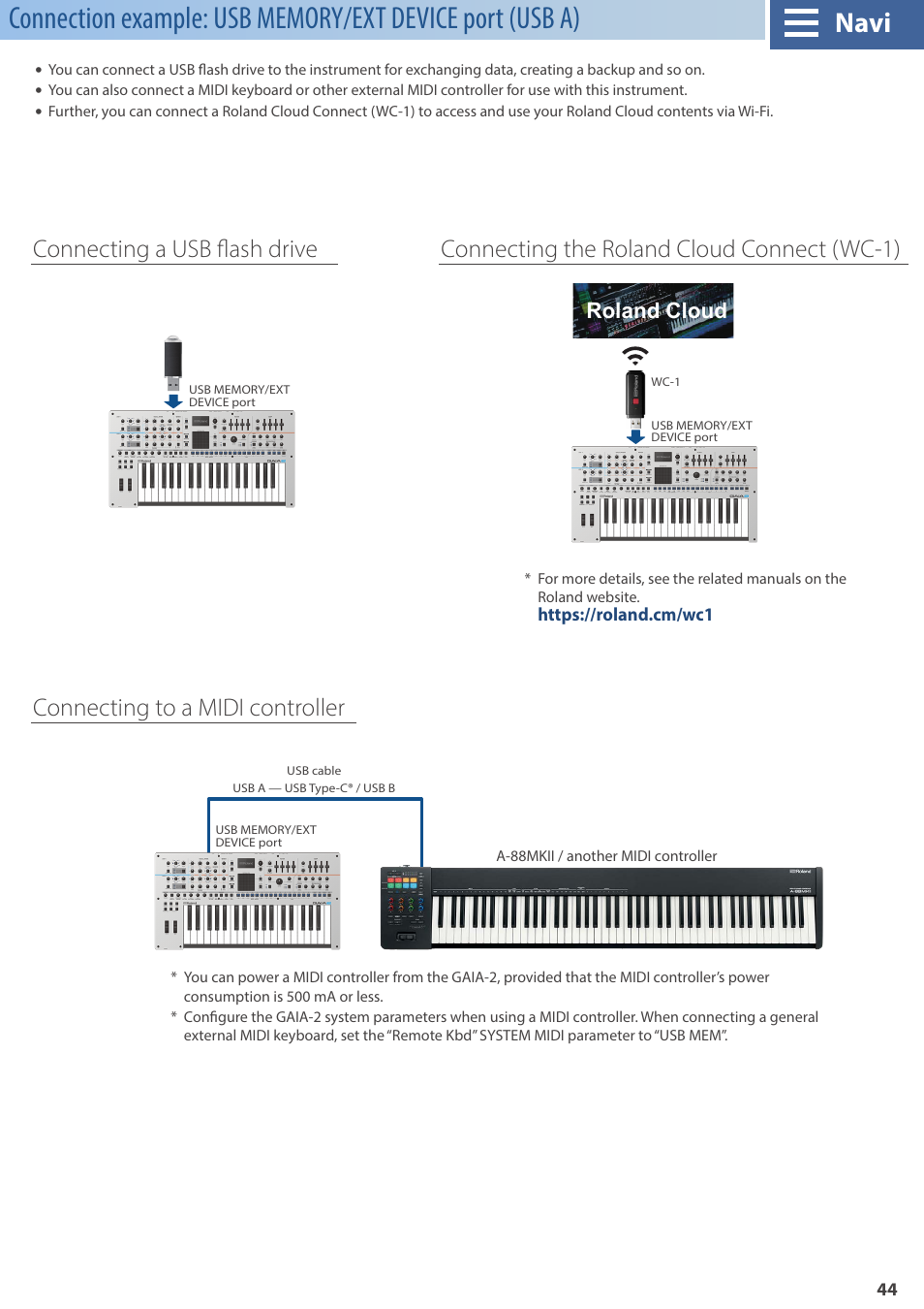 Navi, Roland cloud | Roland GAIA 2 37-Key Virtual Analog + Wavetable Synthesizer User Manual | Page 44 / 116