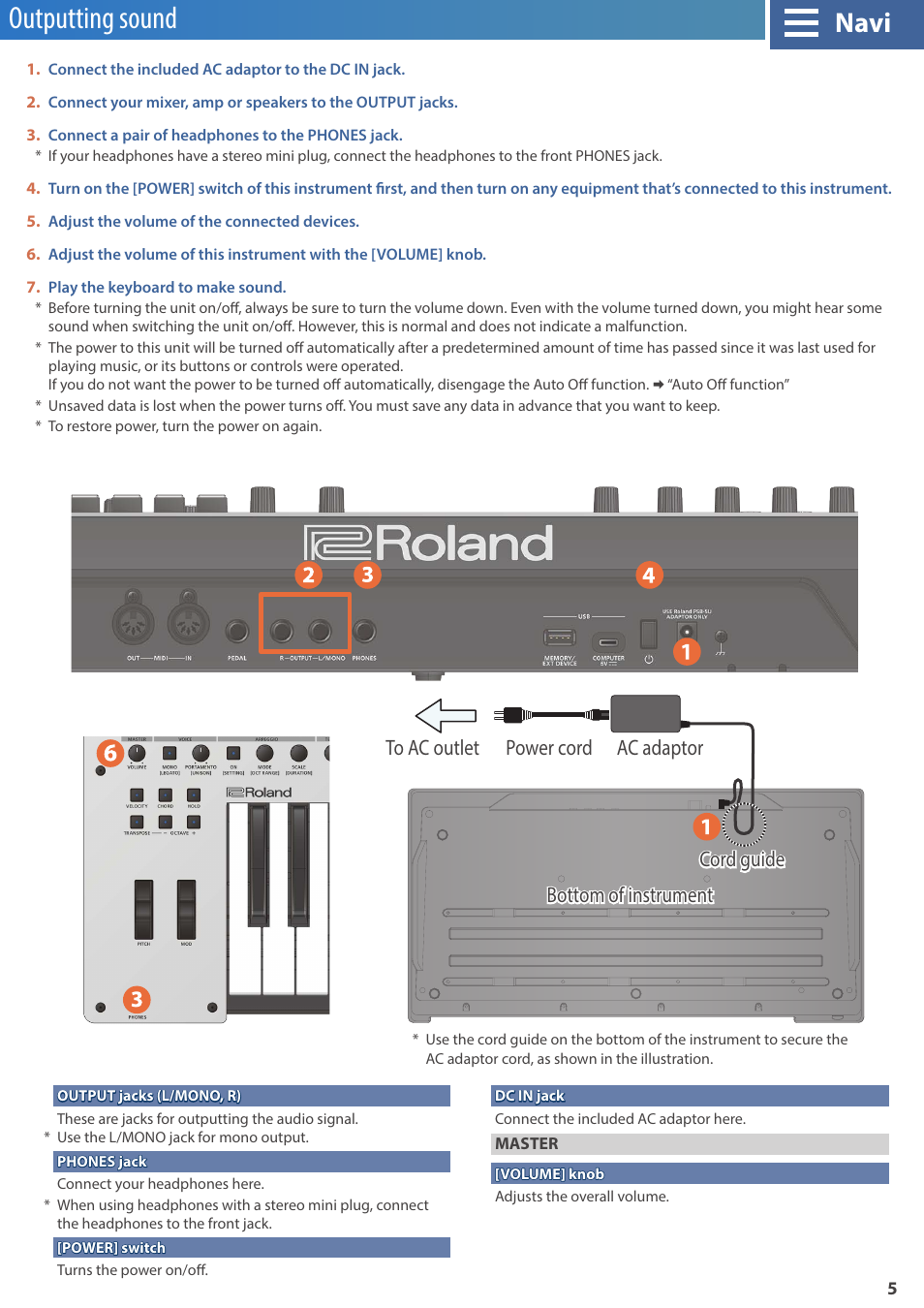 Outputting sound, Navi | Roland GAIA 2 37-Key Virtual Analog + Wavetable Synthesizer User Manual | Page 5 / 116