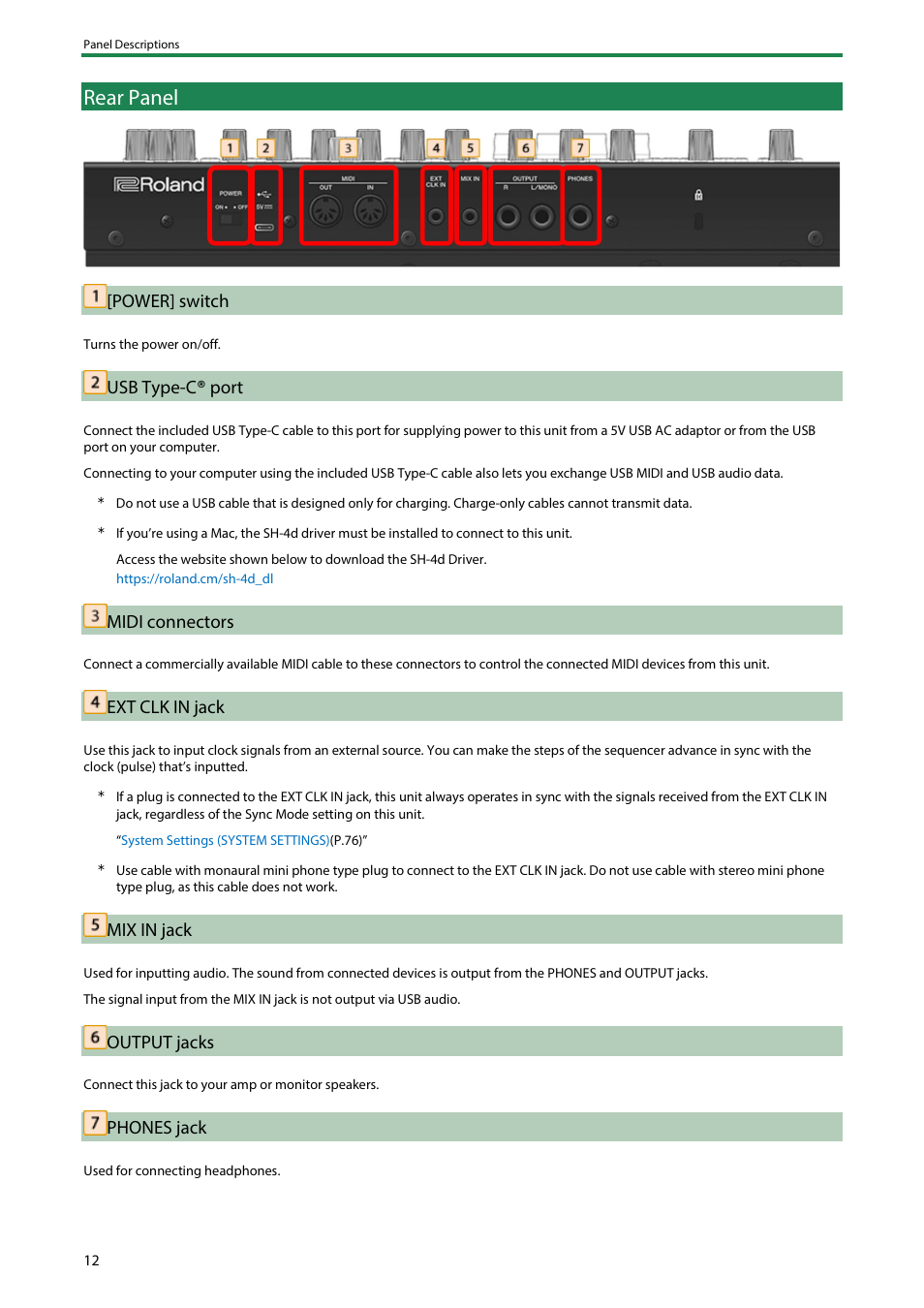 Rear panel, Power] switch, Usb type-c® port | Midi connectors, Ext clk in jack, Mix in jack, Output jacks, Phones jack, Usb type-c, Port | Roland SH-4d Digital Desktop Synthesizer User Manual | Page 12 / 208