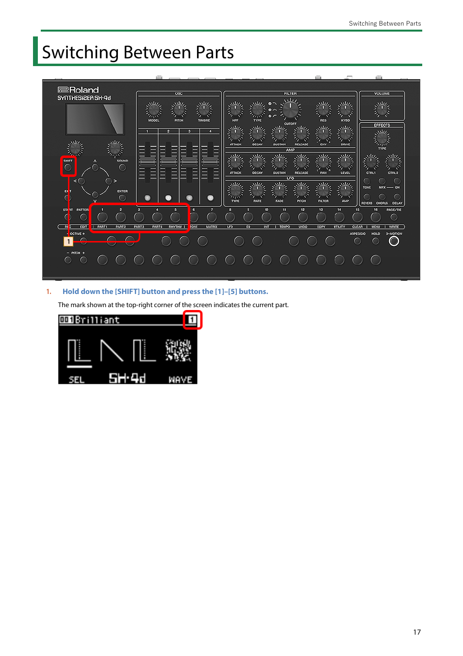 Switching between parts | Roland SH-4d Digital Desktop Synthesizer User Manual | Page 17 / 208