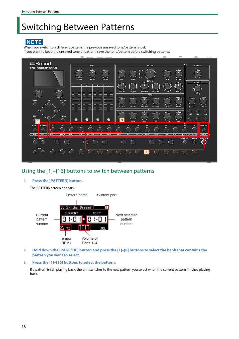 Switching between patterns | Roland SH-4d Digital Desktop Synthesizer User Manual | Page 18 / 208