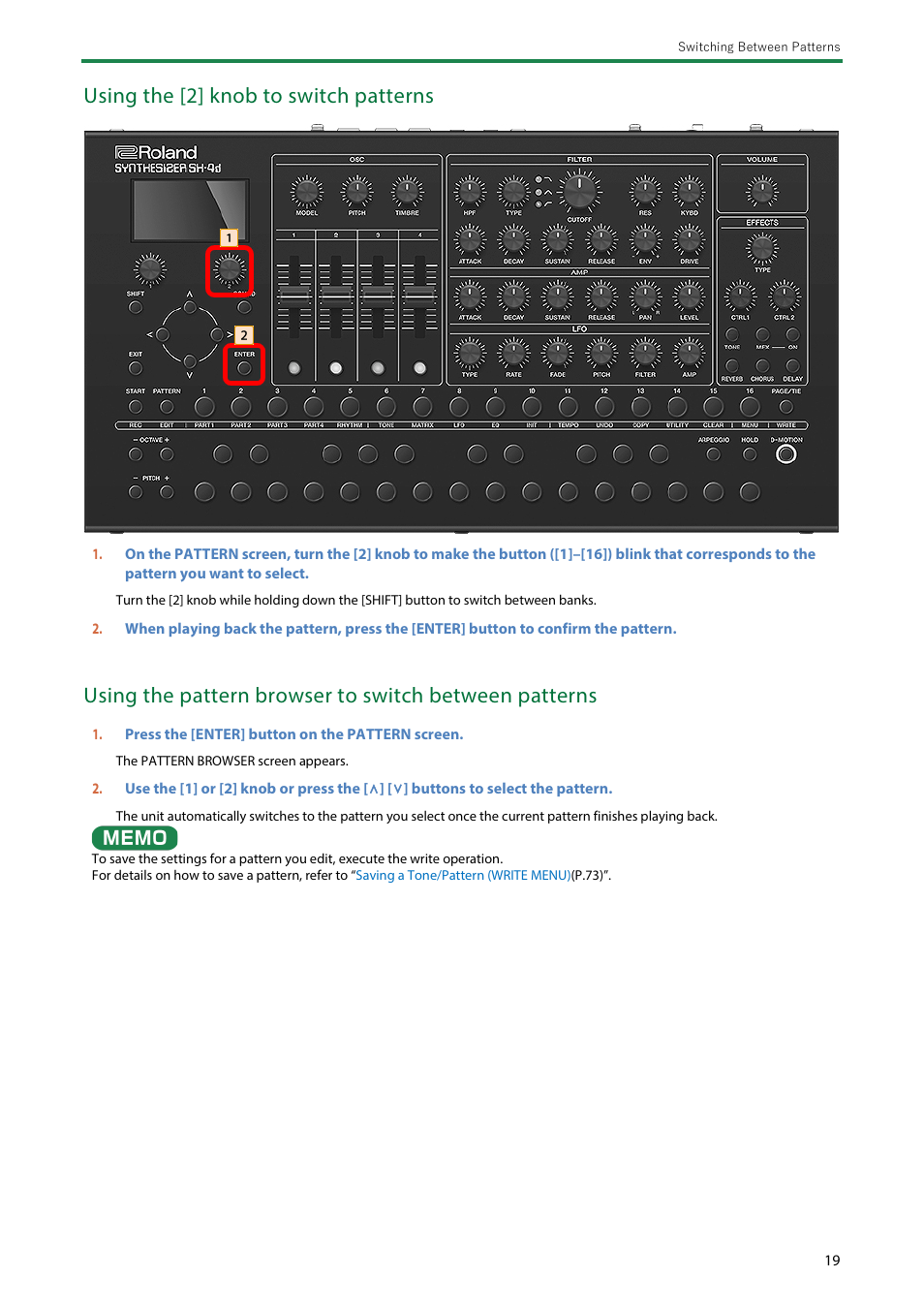 Using the [2] knob to switch patterns | Roland SH-4d Digital Desktop Synthesizer User Manual | Page 19 / 208