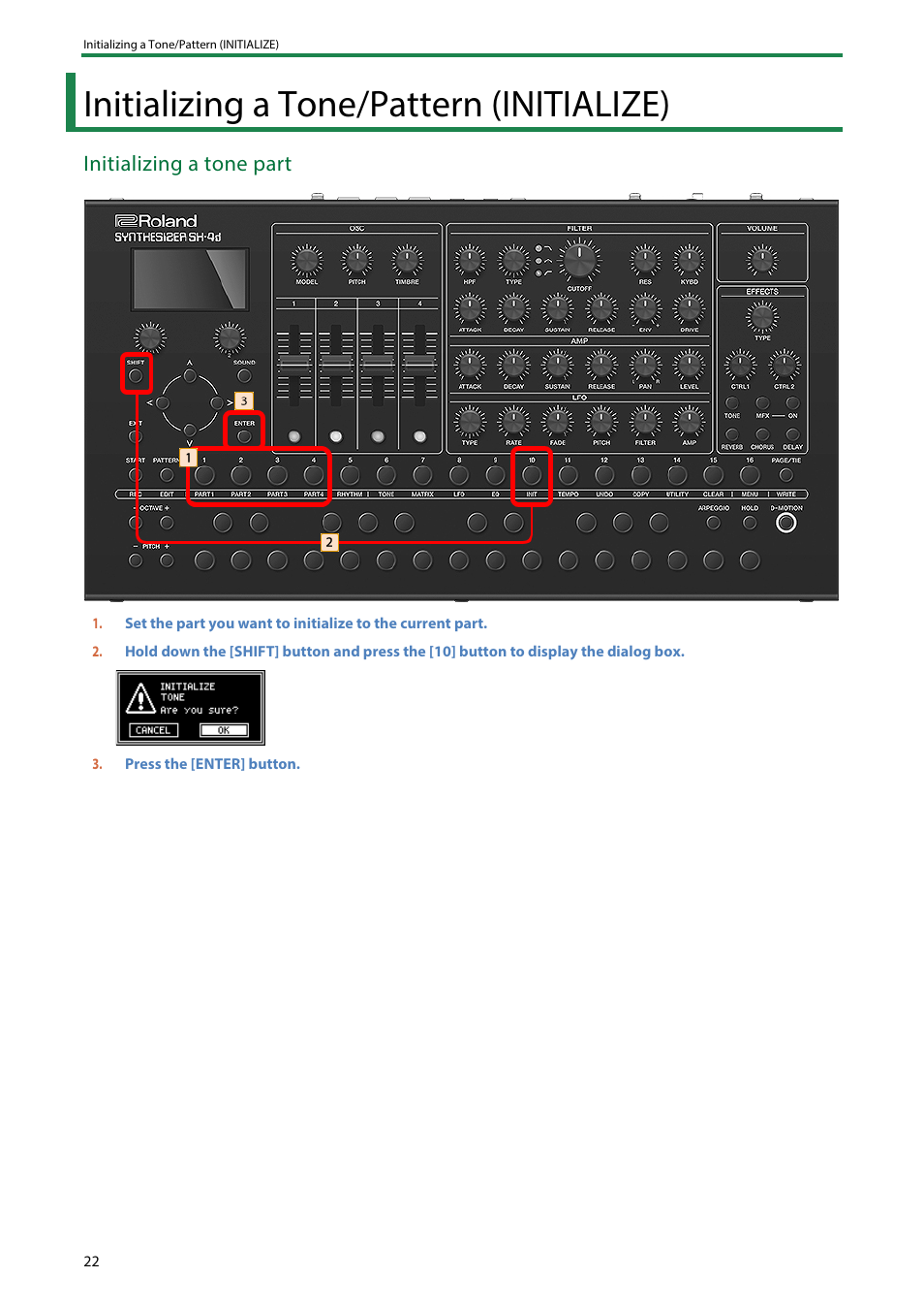 Initializing a tone/pattern (initialize), Initializing a tone part | Roland SH-4d Digital Desktop Synthesizer User Manual | Page 22 / 208
