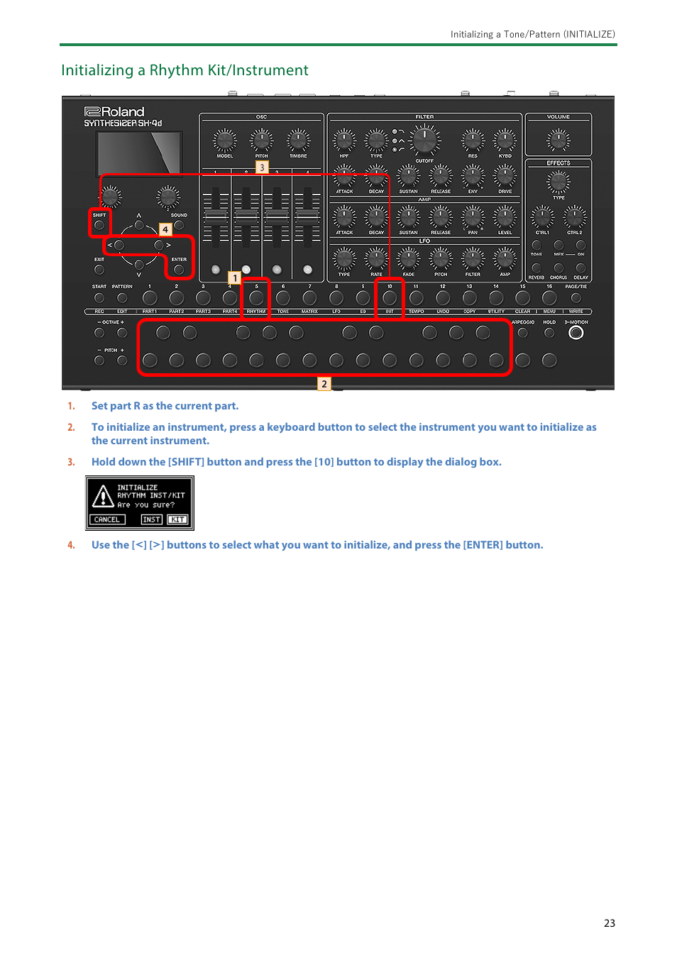 Initializing a rhythm kit/instrument | Roland SH-4d Digital Desktop Synthesizer User Manual | Page 23 / 208