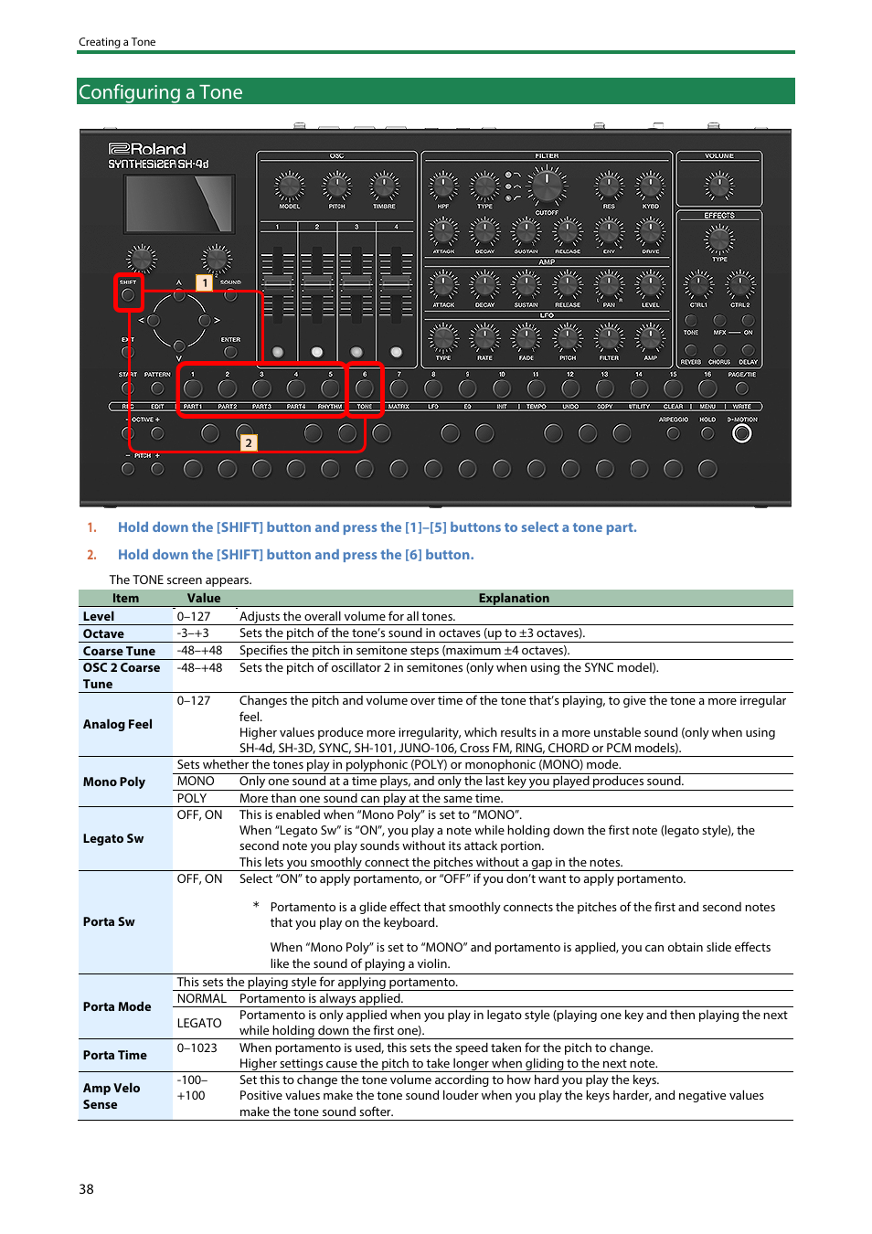 Configuring a tone | Roland SH-4d Digital Desktop Synthesizer User Manual | Page 38 / 208